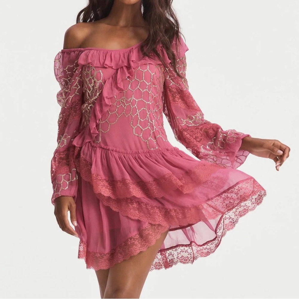LoveShackFancy Pink, Ruffled Angora Mini Dress | 2 | Lace, Sparkle